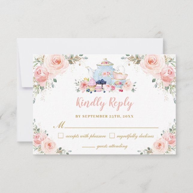 Blush Pink Floral Tea Party Baby Bridal Shower RSVP Card (Front)