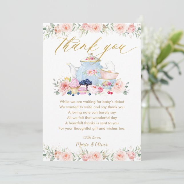 Blush Pink Floral Tea Party Baby Shower Birthday   Thank You Card (Standing Front)