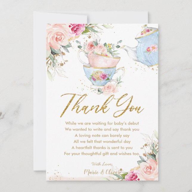 Blush Pink Floral Tea Party Baby Shower Birthday   Thank You Card (Front)