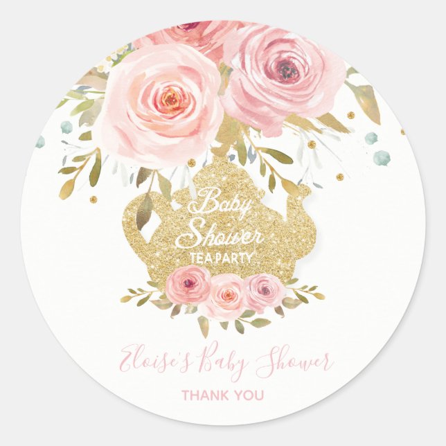 Blush Pink Floral Tea Party Baby Shower Favour Classic Round Sticker (Front)