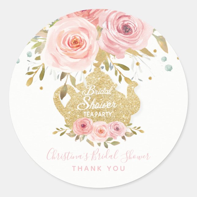 Blush Pink Floral Tea Party Bridal Shower Favour Classic Round Sticker (Front)