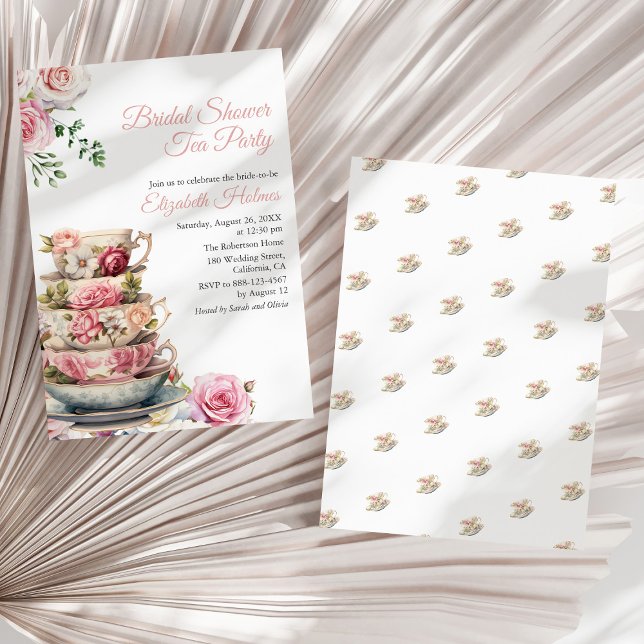 Blush Pink Floral Teacup Bridal Shower Tea Brunch  Invitation (Blush Pink Floral Teacup Bridal Shower Tea Brunch Invitation on a sunny white dry palm leaf.)