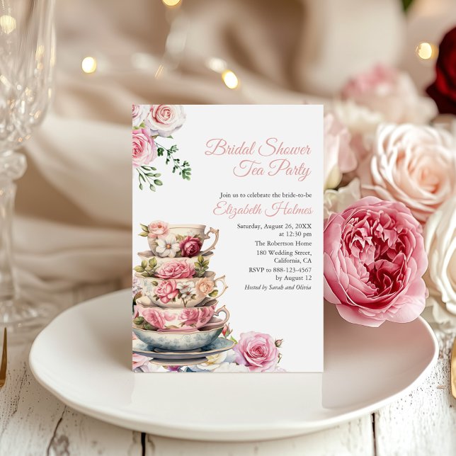 Blush Pink Floral Teacup Bridal Shower Tea Brunch  Invitation (Blush Pink Floral Teacup Bridal Shower Tea Brunch Invitation on a white table with pink peonies)