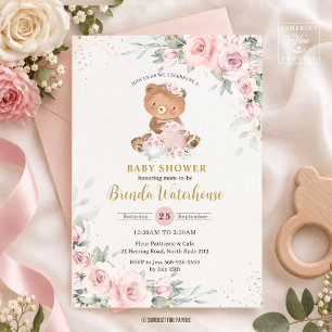 Blush Pink Floral Teddy Bear Tea Party Baby Shower Invitation