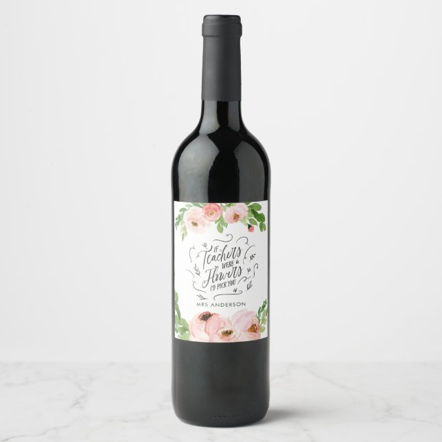 Blush pink floral thank you teacher gift wine label (Front)