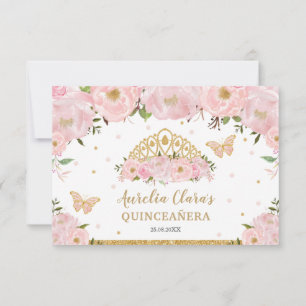 Blush Pink Floral Tiara Quinceañera Butterflies RSVP Card