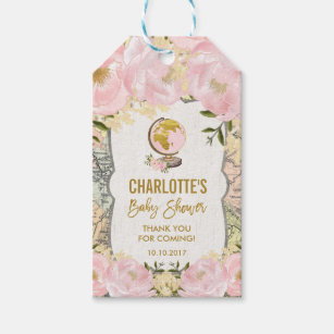 Blush Pink Floral Travel Map Adventure Favour Gift Tags