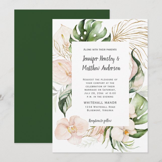 Blush Pink Floral Tropical Greenery Wedding Invitation (Front/Back)