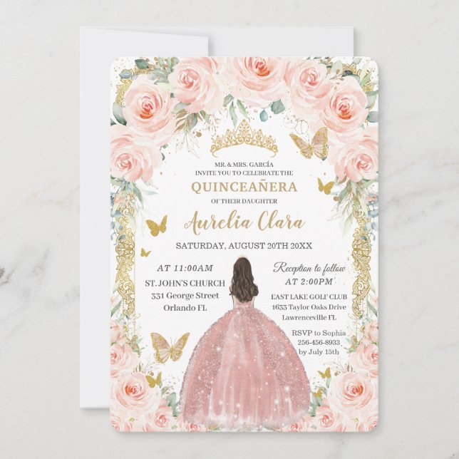 Blush Pink Floral Vintage Gold Quinceañera  Invitation (Front)
