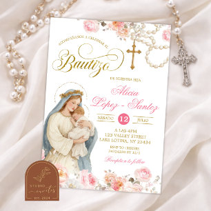 Blush Pink Floral Virgin Mary Bautizo Invitacion Invitation