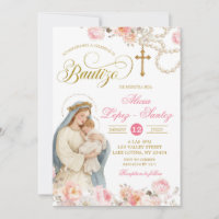 Blush Pink Floral Virgin Mary Bautizo Invitacion