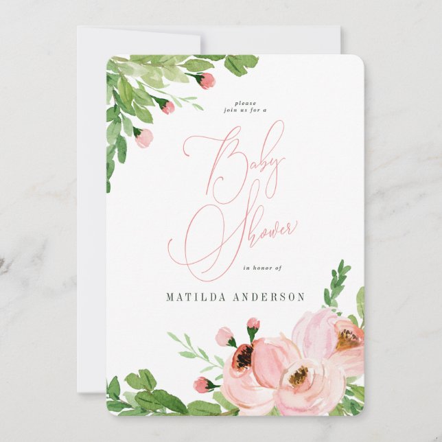 Blush pink floral watercolor baby shower invite (Front)