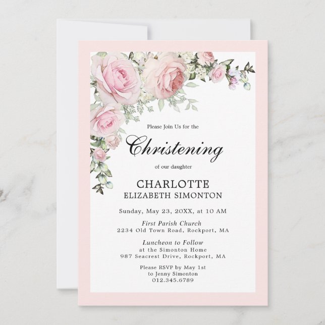 Blush Pink Floral Watercolor Christening Invitation (Front)