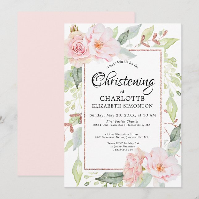 Blush Pink Floral Watercolor Christening Invitation (Front/Back)