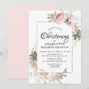 Blush Pink Floral Watercolor Christening Invitation