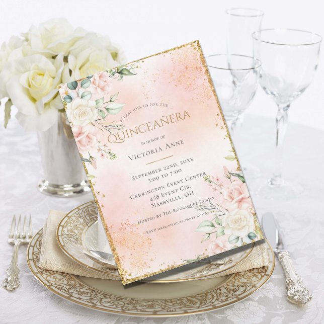 Blush Pink Floral Watercolor Gold Quinceañera Invitation (Creator Uploaded)