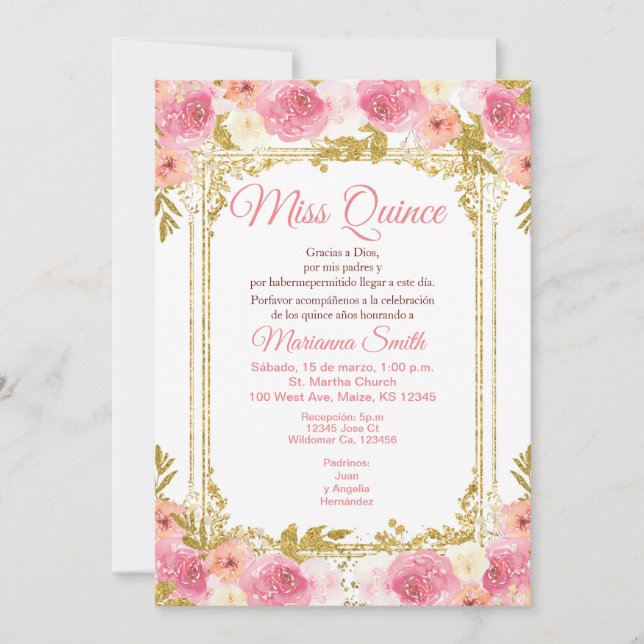 Blush Pink Floral Watercolor Mexican Miss Quince   Invitation (Front)