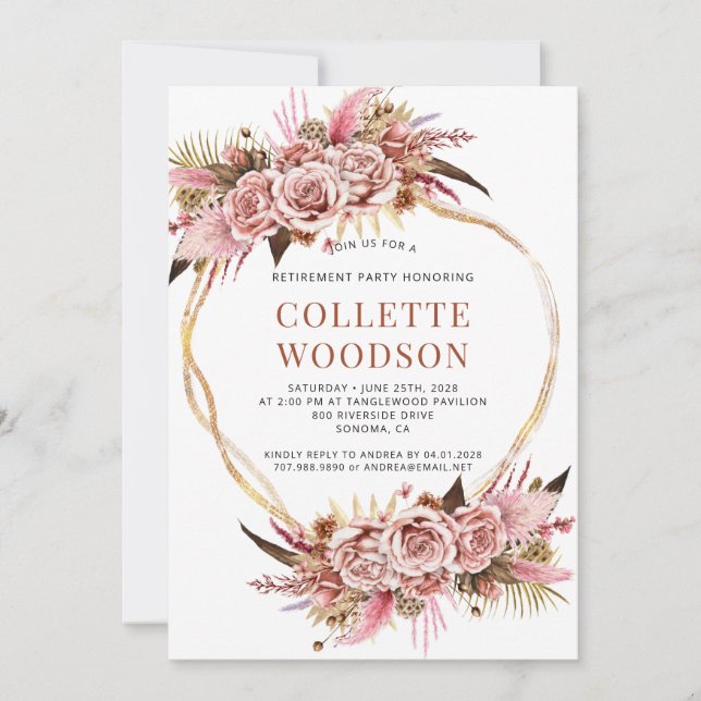 Blush Pink Floral Watercolor Retirement Party  Invitation (Front)