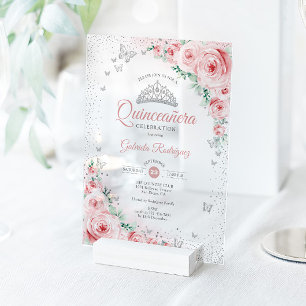 Blush Pink Floral Watercolor Roses Quinceanera Acrylic Invitations