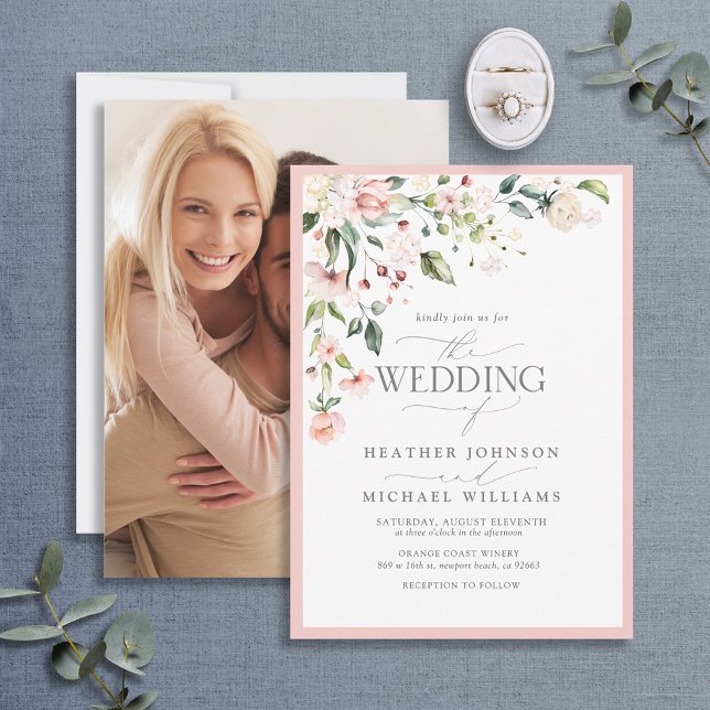 Blush Pink Floral Watercolor Script Photo Wedding Invitation (Creator Uploaded)