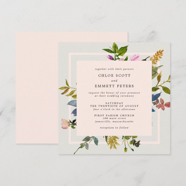 Blush Pink Floral Watercolor Square Wedding Invitation (Front/Back)