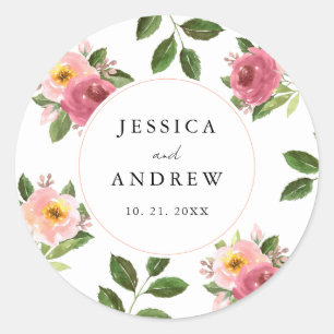 Blush Pink Floral Watercolor Wedding  Classic Round Sticker