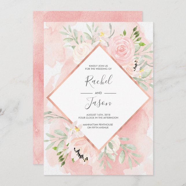 Blush Pink floral Watercolor Wedding invitation (Front/Back)
