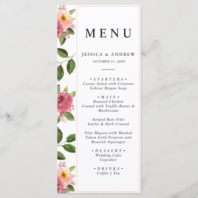 Blush Pink Floral Watercolor Wedding  Menu (Front)