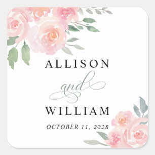 Blush Pink Floral Watercolor Wedding Square Sticker