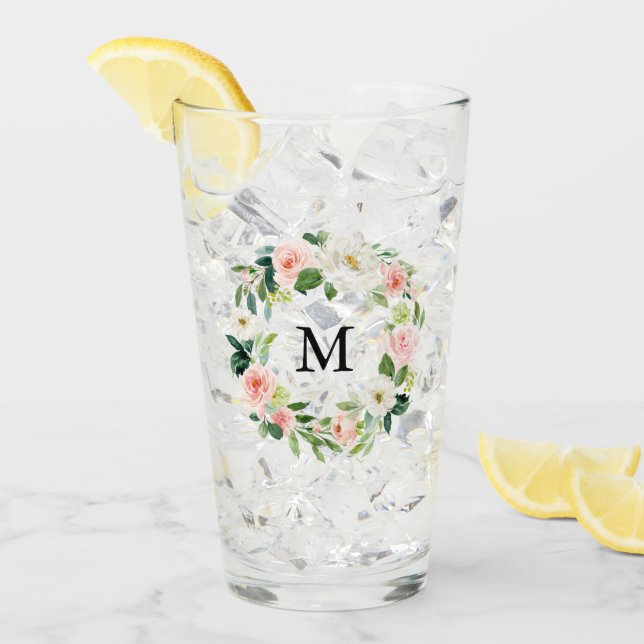 Blush Pink Floral Watercolor Wreath Monogram Glass (Front Ice)