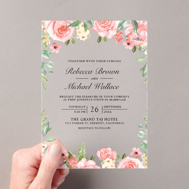 Blush Pink Floral Wedding Acrylic Invitations (Insitu (Handheld))