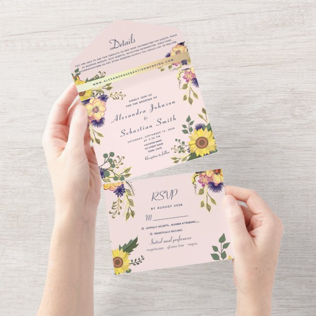 Blush Pink Floral Wedding All In One Invitation (Tearaway)