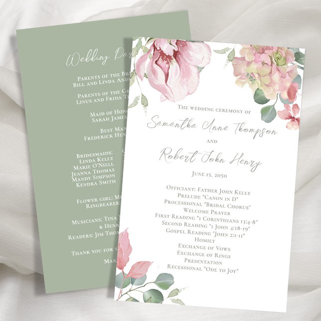 Blush Pink Floral Wedding Ceremony  (Blush pink floral wedding ceremony program.)