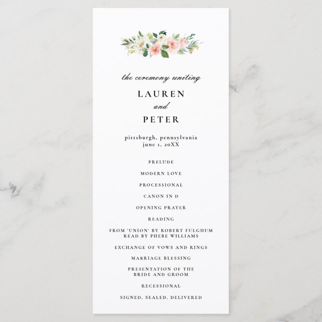 Blush Pink Floral Wedding  Ceremony Program Programme (Front)