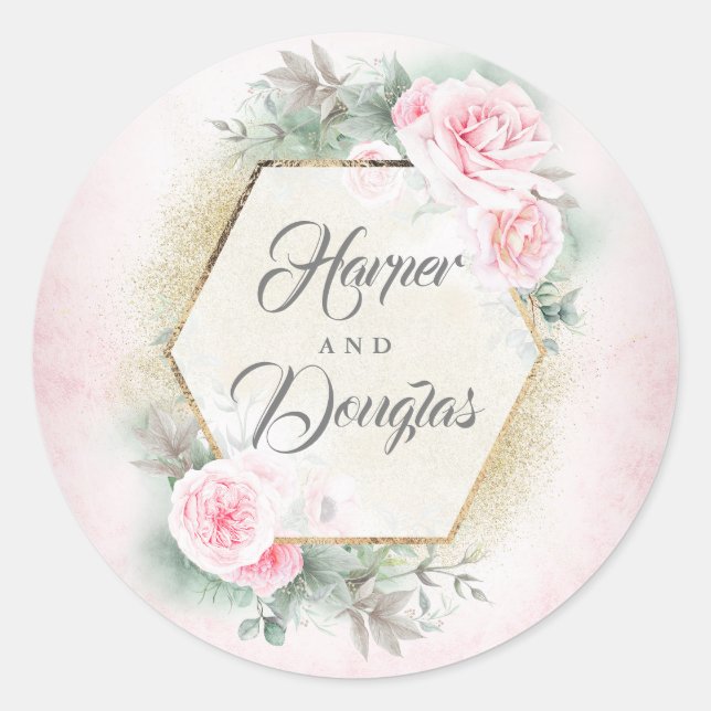 Blush Pink Floral Wedding Classic Round Sticker (Front)