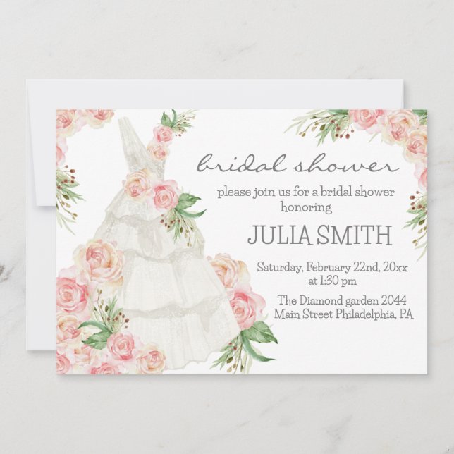 Blush Pink Floral Wedding Dress Bridal Shower Invitation (Front)