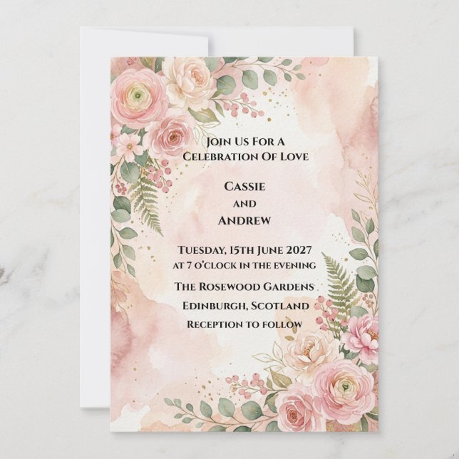 Blush Pink Floral Wedding Invitation (Front)