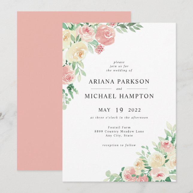 Blush Pink Floral wedding invitation 4196 (Front/Back)