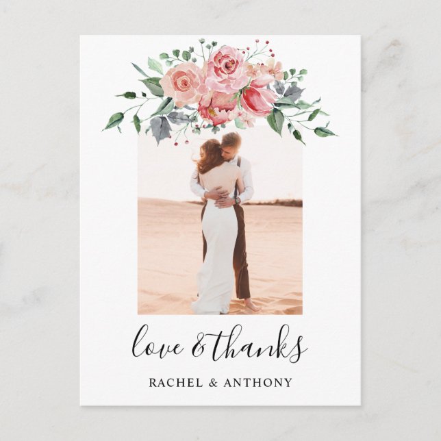 Blush Pink Floral Wedding Photo Love and Thanks Postcard (Front)