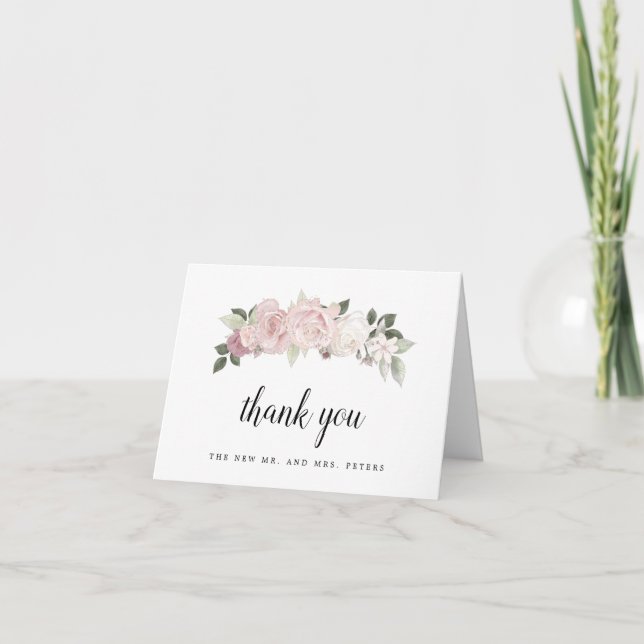 Blush Pink Floral Wedding Photo Thank You Card (Front)