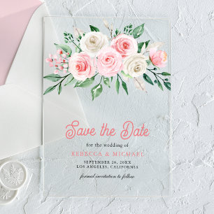 Blush Pink Floral Wedding Save the Date Acrylic Invitations