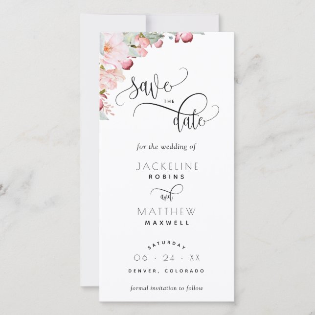 Blush Pink Floral Wedding Save The Date Bookmark (Front)