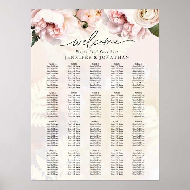 Blush Pink Floral Wedding Seating Chart Poster (Front)