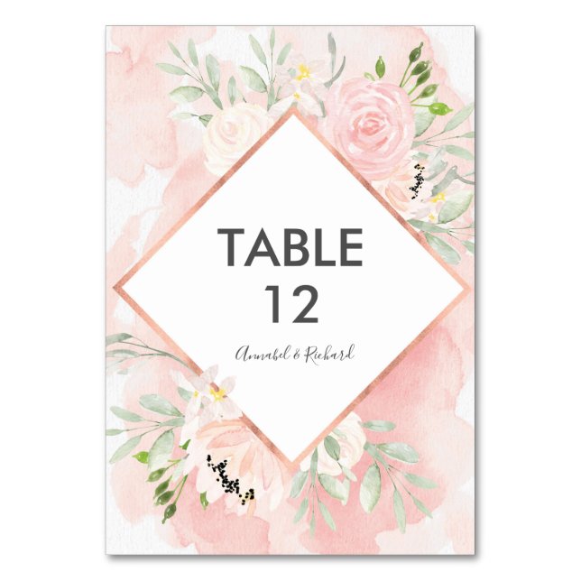 Blush Pink Floral Wedding table cards (Front)