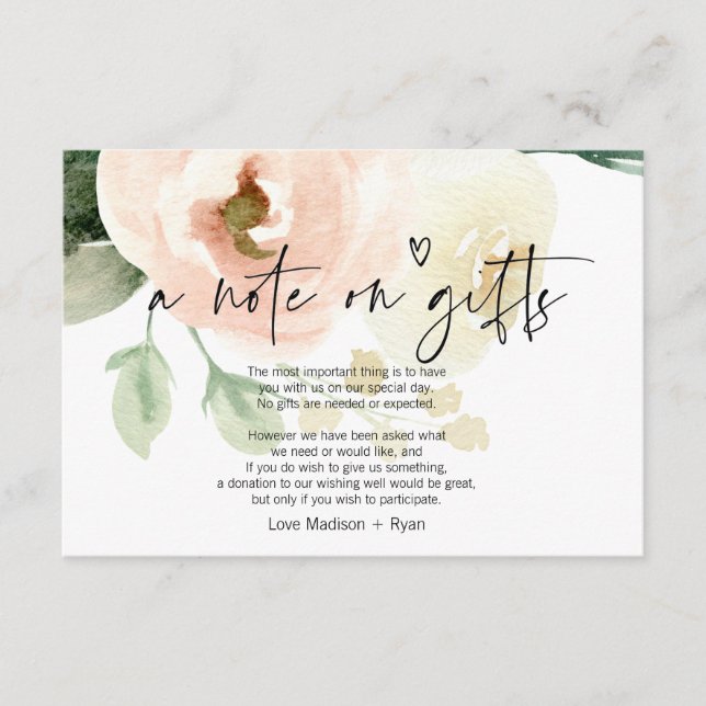Blush Pink Floral Well Wedding Note on Gifts Card (Front)