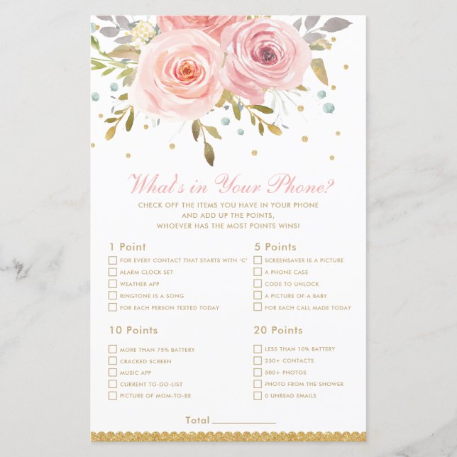 Blush Pink Floral What's In Your Phone Shower Game (Front)