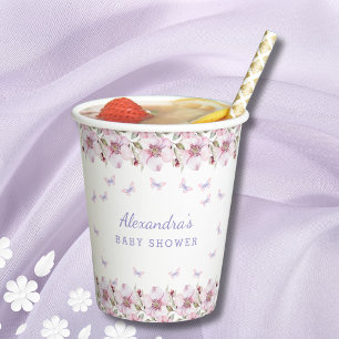 Blush Pink Floral Whimsical Butterfly Baby Shower Paper Cups