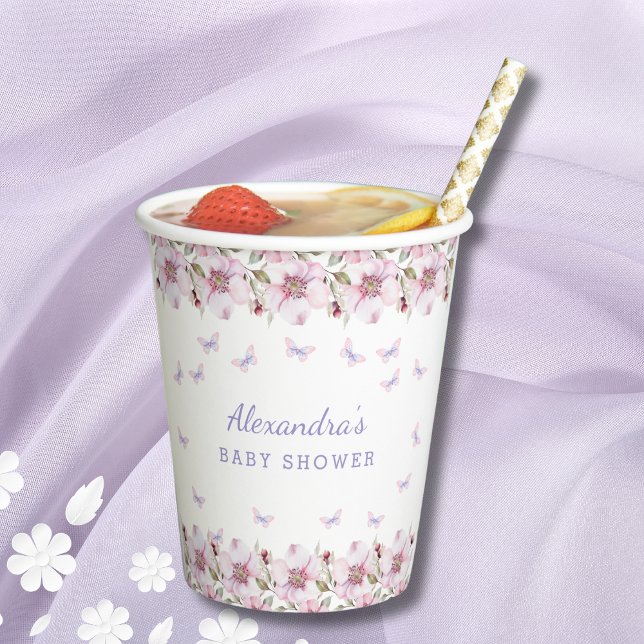 Blush Pink Floral Whimsical Butterfly Baby Shower Paper Cups (Creator Uploaded)
