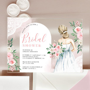Blush Pink Floral White Lace Dress Bridal Shower Acrylic Invitations