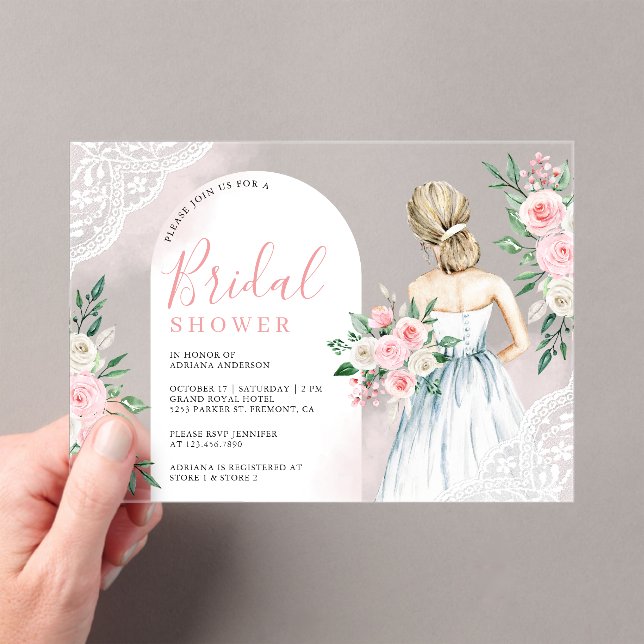 Blush Pink Floral White Lace Dress Bridal Shower Acrylic Invitations (Insitu (Handheld))